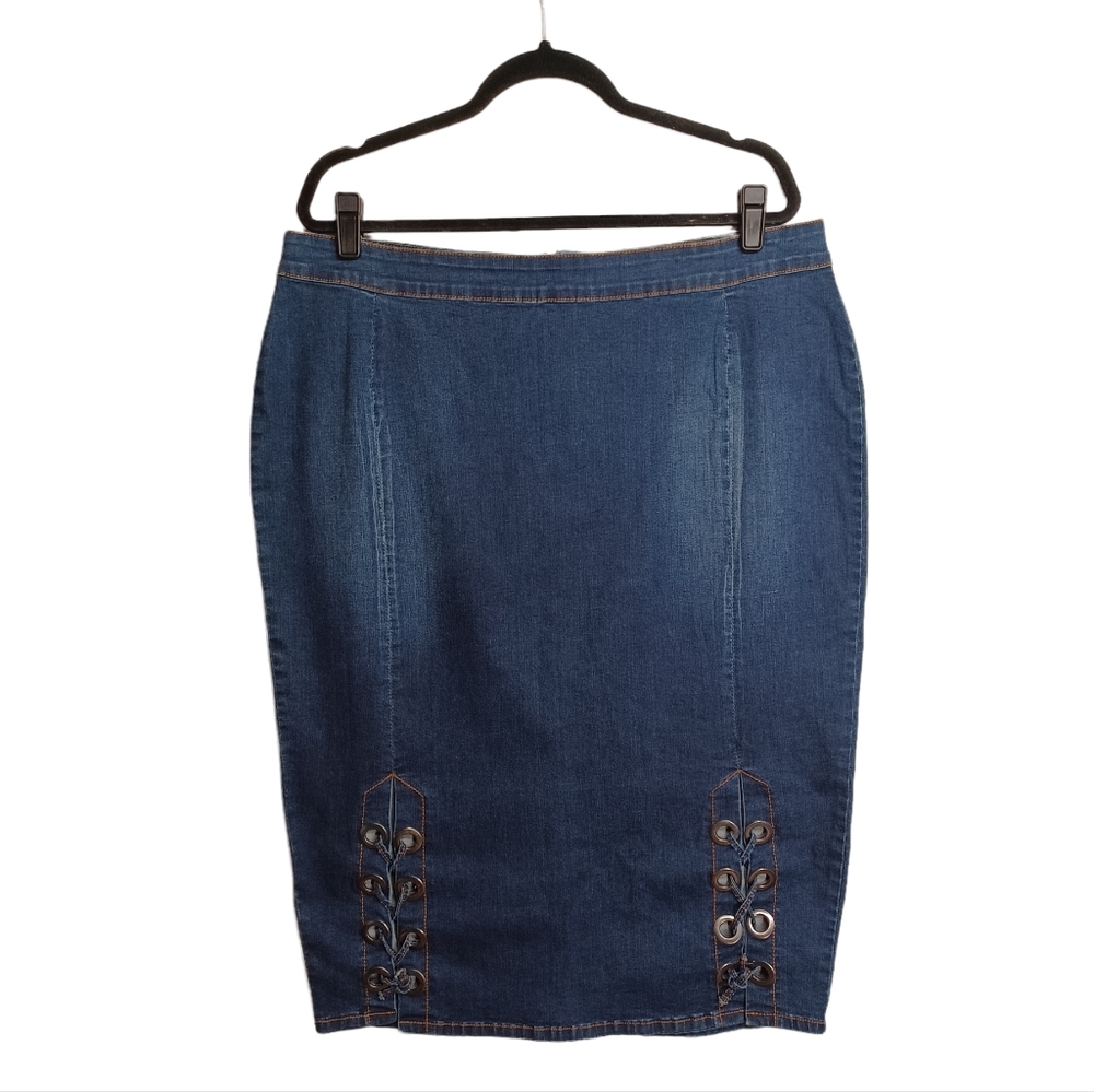 POETIC JUSTICE Dark Medium Blue Lace Up Back Slit Jean Denim Skirt 22
